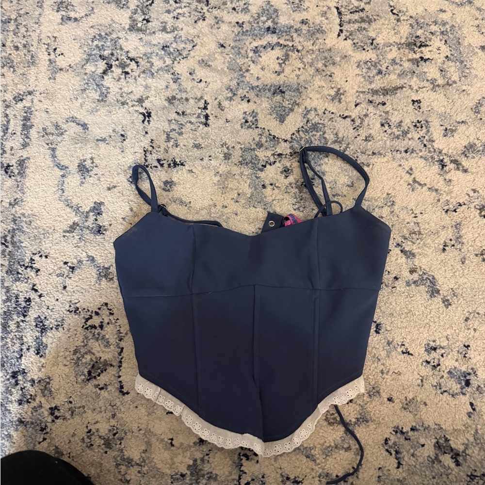 Edikted Navy Tank Top with White Lace